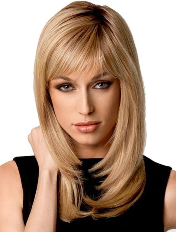 Natural Ombre Blonde Straight Wigs - Auflaund Shoulder Length Long Straight Blonde Hair Wigs With Darker Root For Women + Wig Cap
