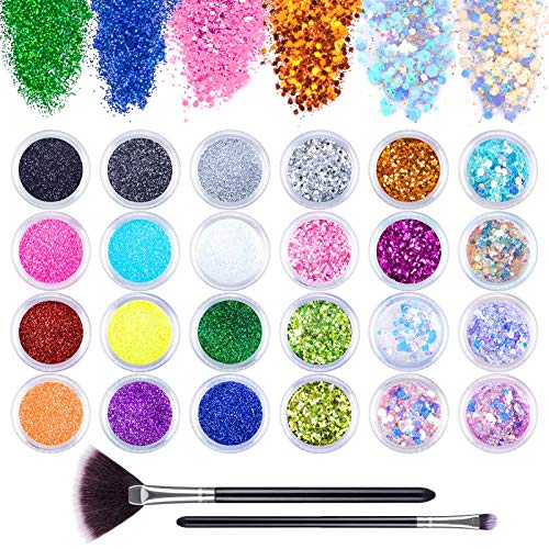 24 Colores Purpurinas Polvo, Glitter Acrilico Brillantes de Uñas con Cepillo de Uñas para Cara...