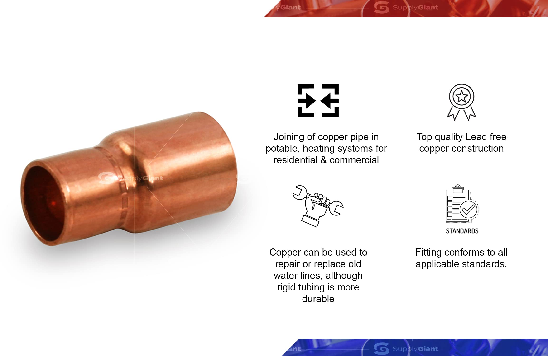 1-1/2 X 1 Copper Coupling Reducer – C X C Sweat Ends – Pipe Fitting