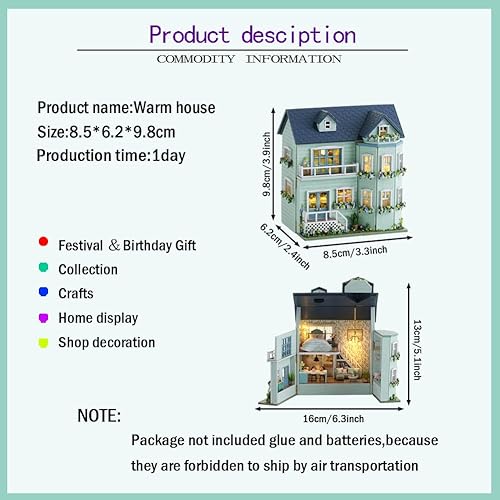 Miniatura 2 de WYD Mini Home Series - Kit de muebles de casa de muñecas en miniatura de estilo europeo, modelo de construcción de casa pequeña con luz LED,