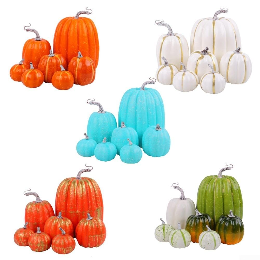 Set di 7 zucche artificiali autunnali per feste stagionali e per lo styling della casa (blu)