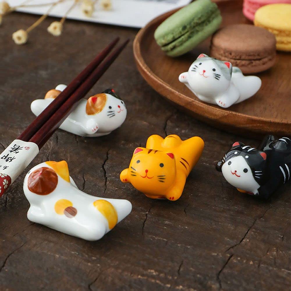 gofidin 5PCS Cat Shape Chopsticks Holder Stand Ceramic Decorative Pillow Care Rest Fine Design Chopstick Rack Creative Kitchen Cookware Toolst(Mix)