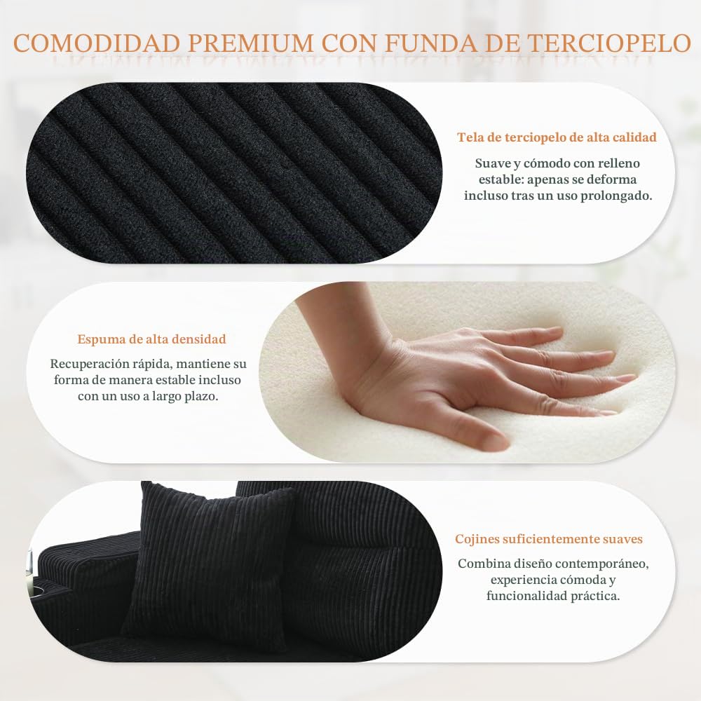 Lubvtti Sofá cama de 4 plazas con portavasos, puertos USB, almacenamiento integrado, sofá de 4 plazas moderno de pana, sofá esquinero en forma de U con chaise longue (negro + 4 plazas)