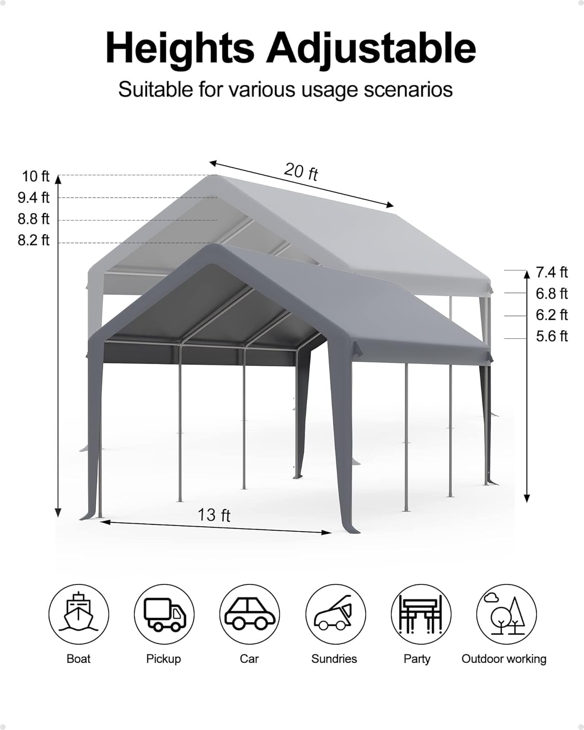 10x20 FT Carport Replacement Canopy Cover,Heavy-Duty Carport, Portable Garage 220g PE Tarp, Waterproof & UV Protected Outdoor Shelter for Car, Boat, Truck, Motorcycle(Cover ONLY, Frame NOT Included)