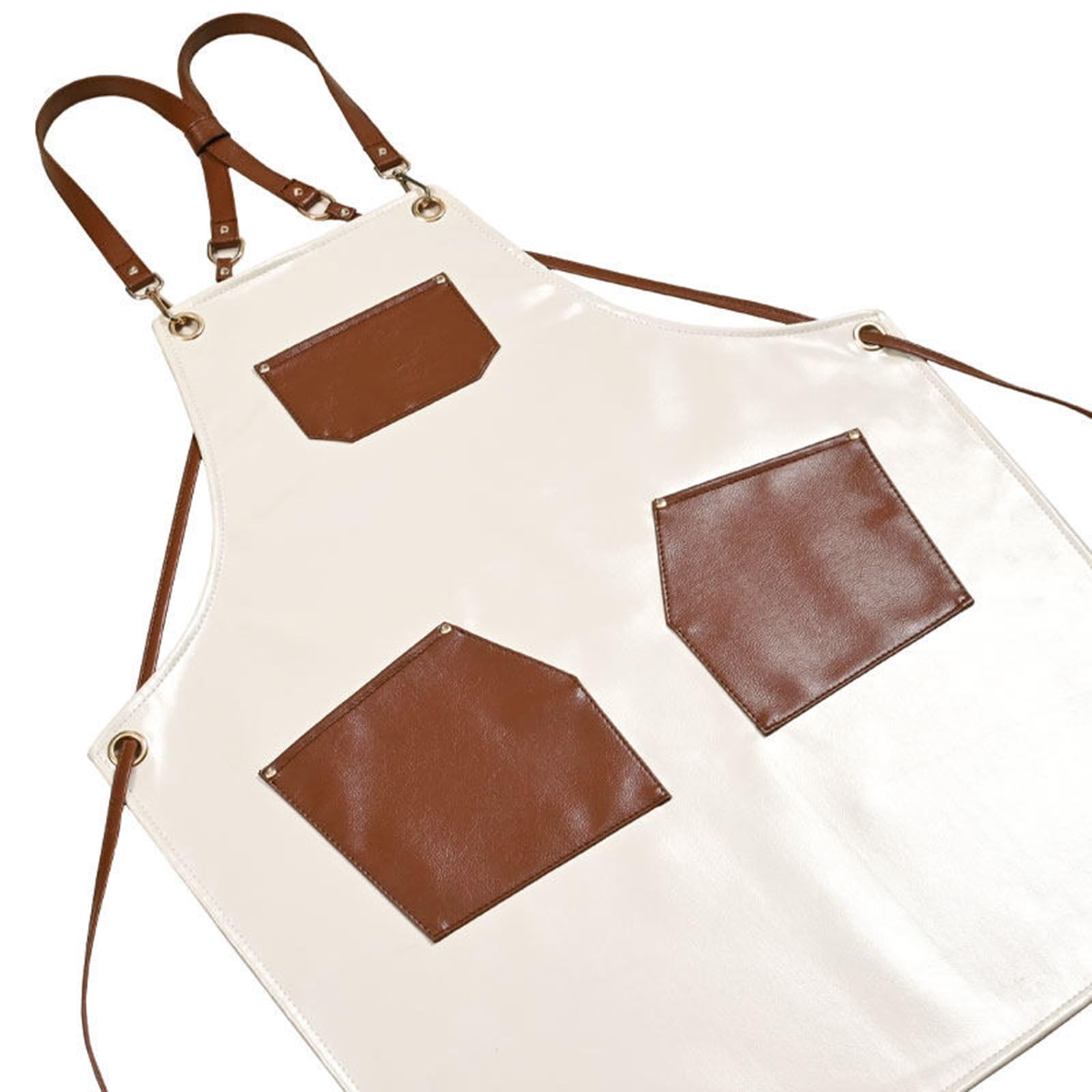 Delantales con bolsillos, Delantal de chef piel sintética, color beige, con correas cruzadas ajustables en la espalda. Limpieza barbacoa