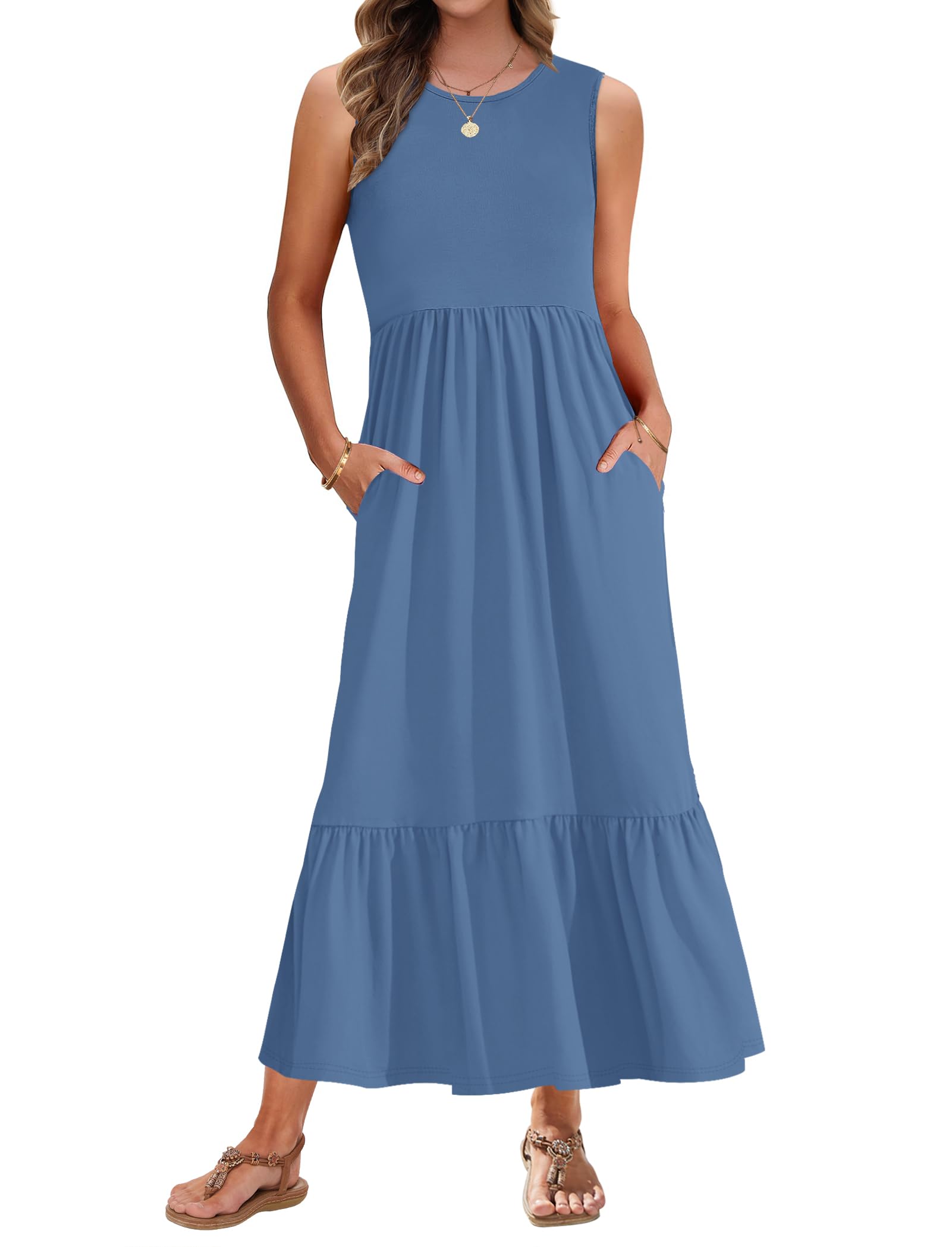 AUSELILY Summer Long Dresses for Women UK Maxi Beach Dresses Tank Top Swing Tiered Casual Dresses with Pockets Beja Blue XXL