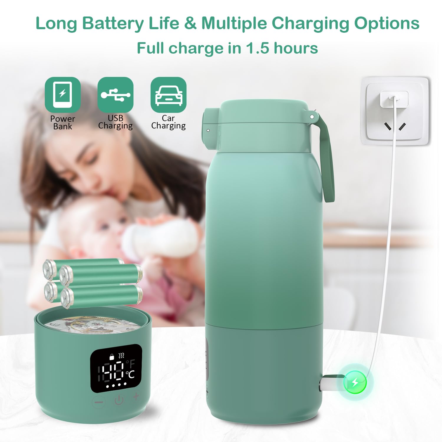 Tragbarer Flaschenwärmer Baby für Unterwegs, Schnelles Aufheizen Muttermilch und Wasser, Lange Akkulaufzeit mit 12000mAh Akku, 500ml Kapazität, Babyflaschen Wärmer für Zuhause, Camping, Reisen