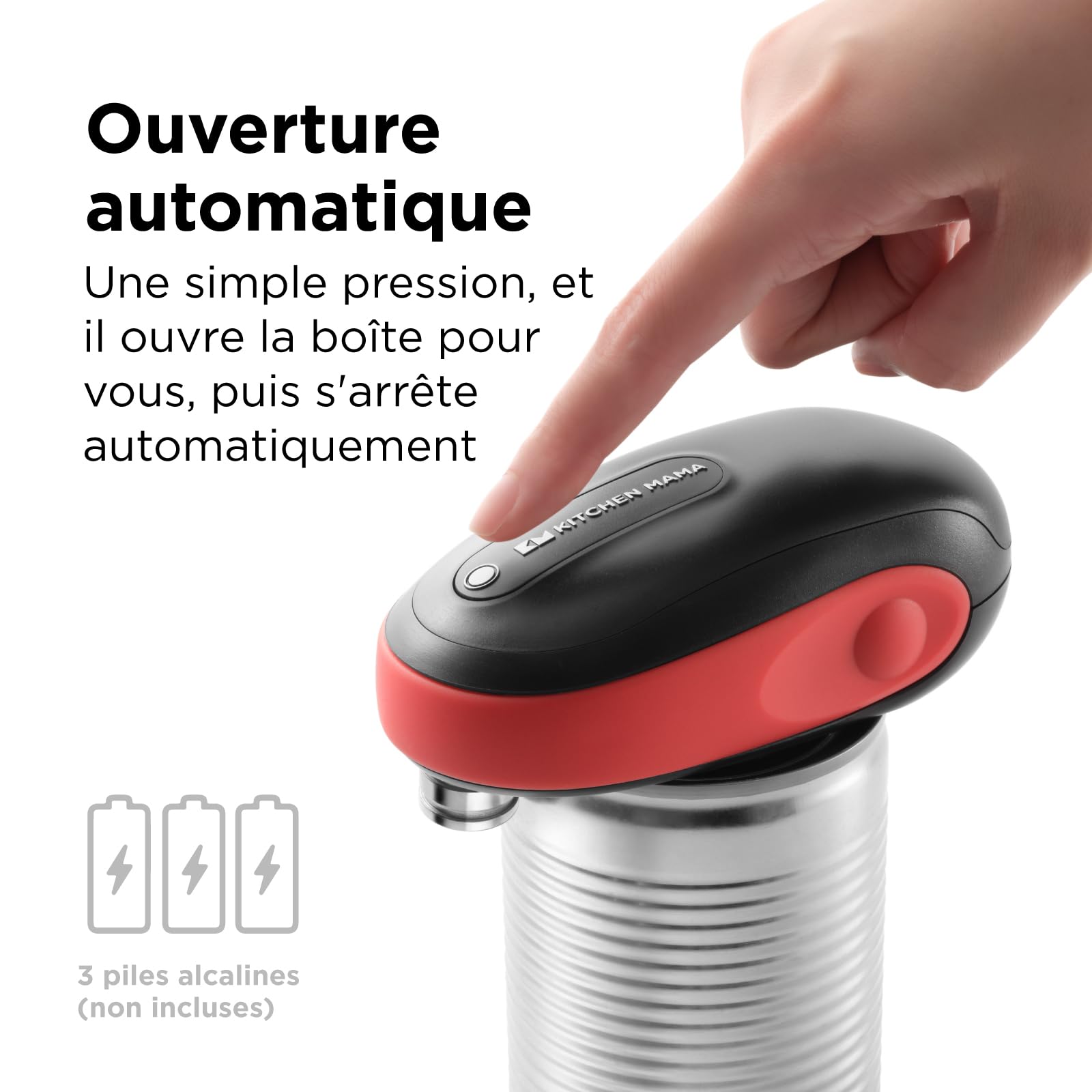 Kitchen Mama One-To-Go Ouvre-Boîte Électrique - Ouvre Boite Une Touche (Arrêt Automatique), Ouverture en un Clic, Pas de Bords Tranchants, Retrait Facile du Couvercle (Rouge)