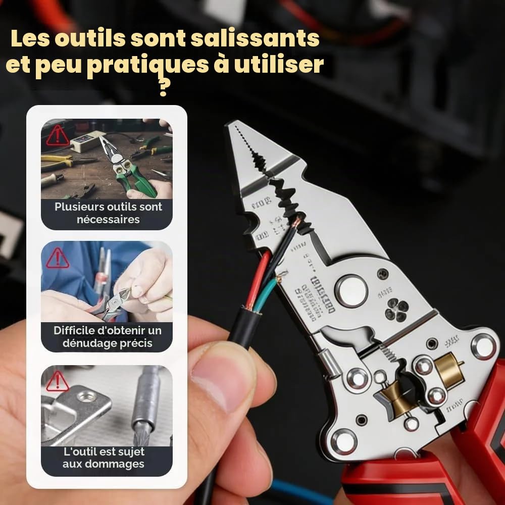 Pince à dénuder et torsadeuse 16 en 1 avec testeur de tension (12-250 V), pince à dénuder multifonctionnelle pour couper, tirer et sertir les fils, outil d'électricien pliable pour réparation