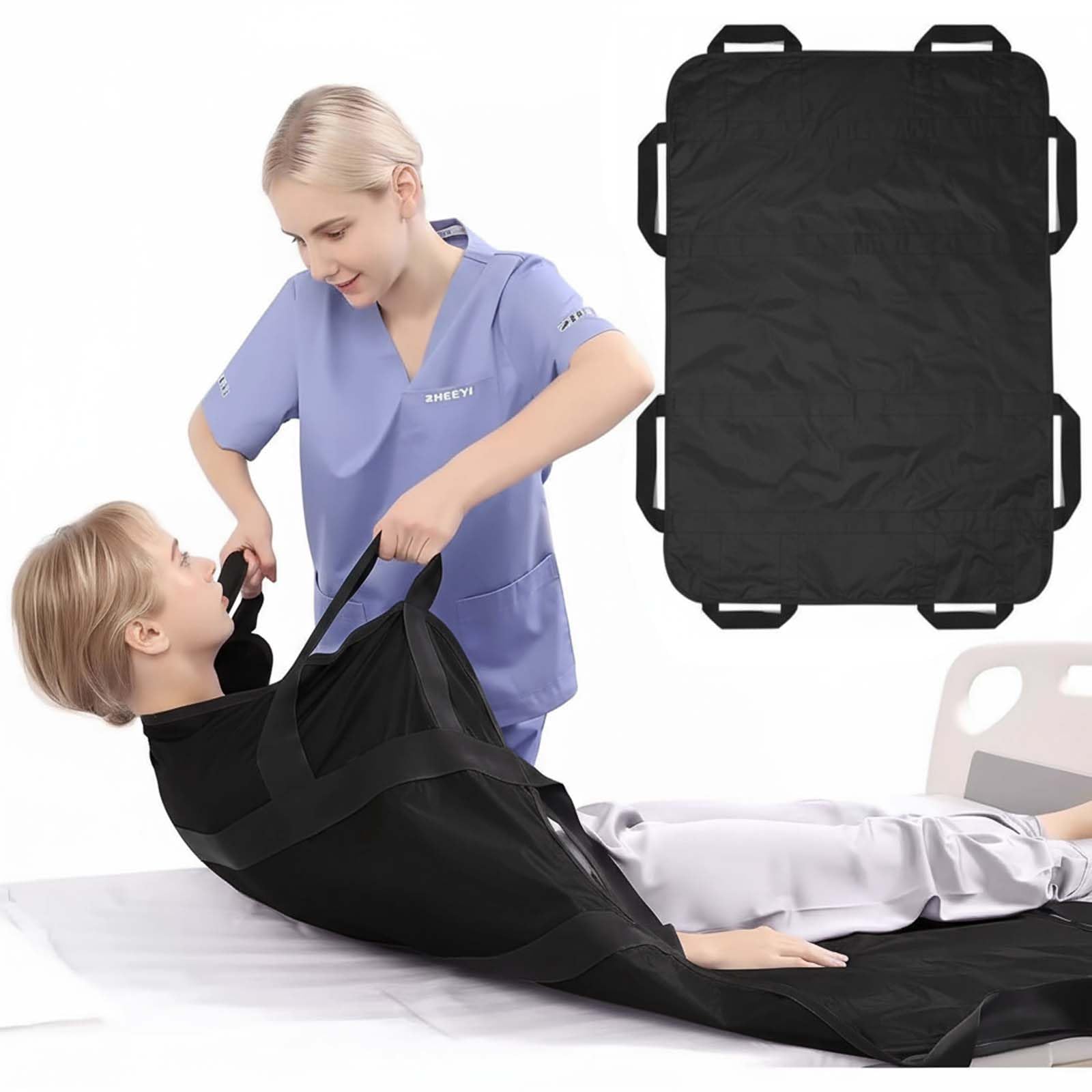 Sábanas de Transferencia Pacientes, Sábana Deslizante para Transferencia de Ancianos 120 x 100 cm, Almohadilla de Posicionamiento con 8 Asas Reutilizable Lavable (Negro)
