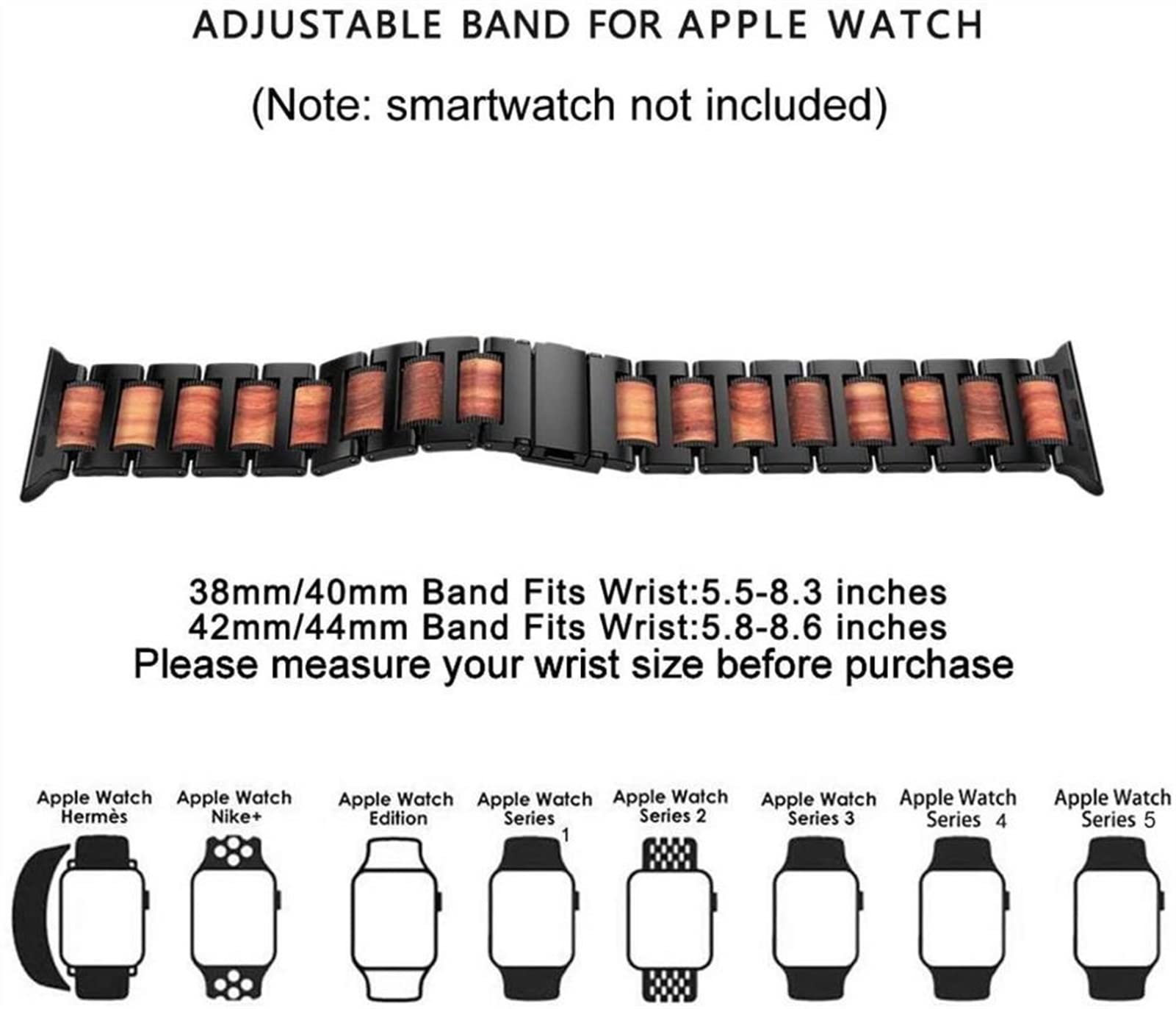 AMSH Holz-Armband für Apple Watch, 44 mm, 40 mm, 42 mm, 38 mm, Edelstahl-Armband, Correa-Gürtel für i-Watch Serie 5/4/3/SE/6/7, 45 mm, 41 mm