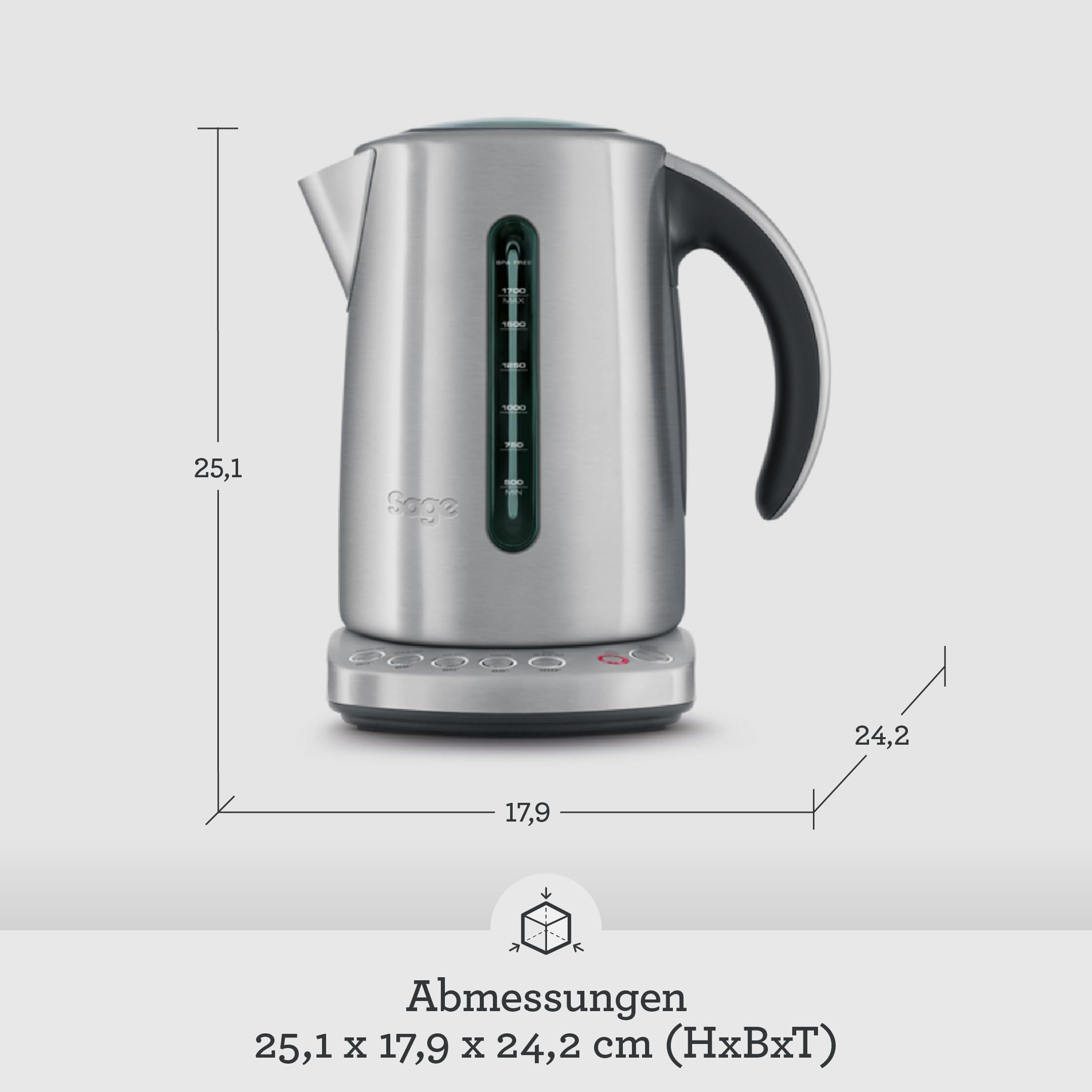 Sage The Smart Kettle, Leiser, kabelloser, Gebürsteter Edelstahl | Leiser, kabelloser elektrischer Wasserkocher, 1,7L Fassungsvermögen, Schnelles Aufkochen, 2400 Watt, 5 Einstellungen