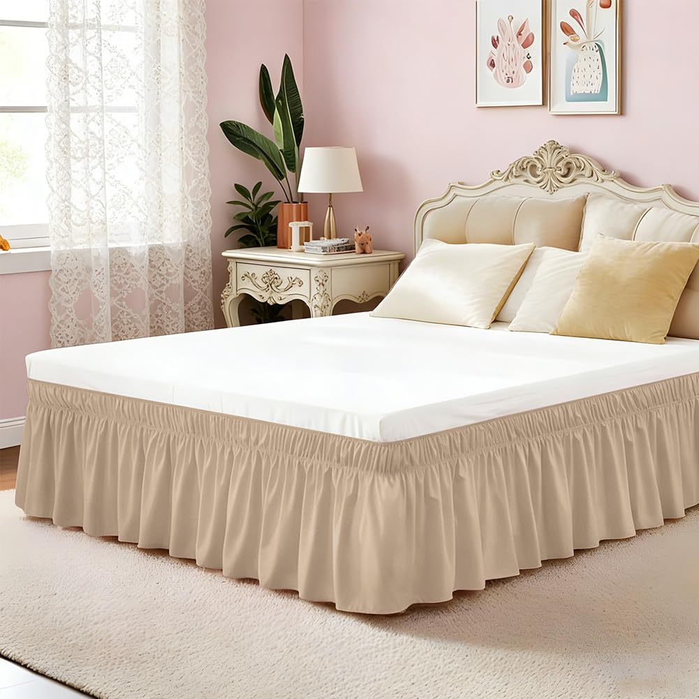RANJIMA gonna da letto pieghettata, 153 x 203 cm, gonna da letto con balze, gonna da letto avvolgente, altezza 38 cm, volant copriletto con doppio elastico, regalo per donne, sabbia