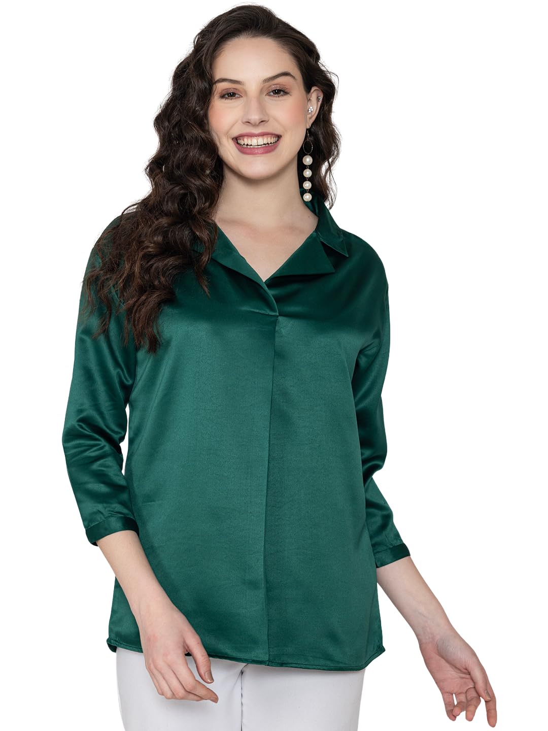 lounge dreams Dark Green Solid Satin Collar Shirt Top-picture-55