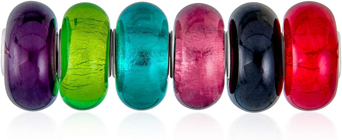Bling Jewelry Mixed Spacer Set Of Bundle Translucent Colorful Metallic Foil Jewel Tones Multi Color Murano Glass Charm Bead For Women Teen .925 Sterling Silver Core Fits European Bracelet