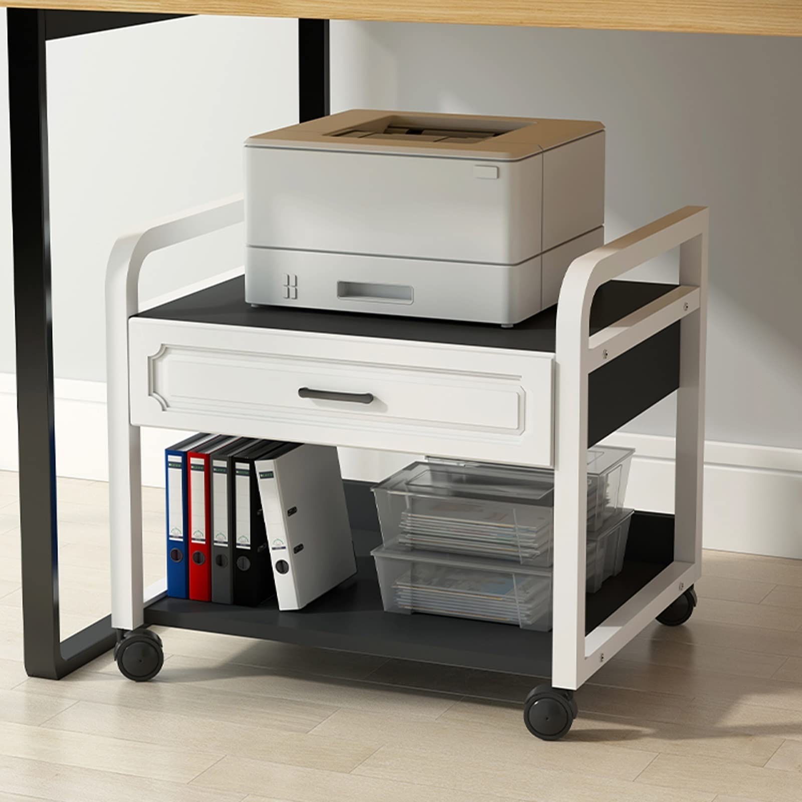 Druckerständer Druckerständer, Druckertisch mit 1 Schublade, unter dem Schreibtisch, stilvoller, robuster, rollender Druckerwagen for Drucker, Scanner, Fax Bürodruckertisch(L50xW40xH52cm)