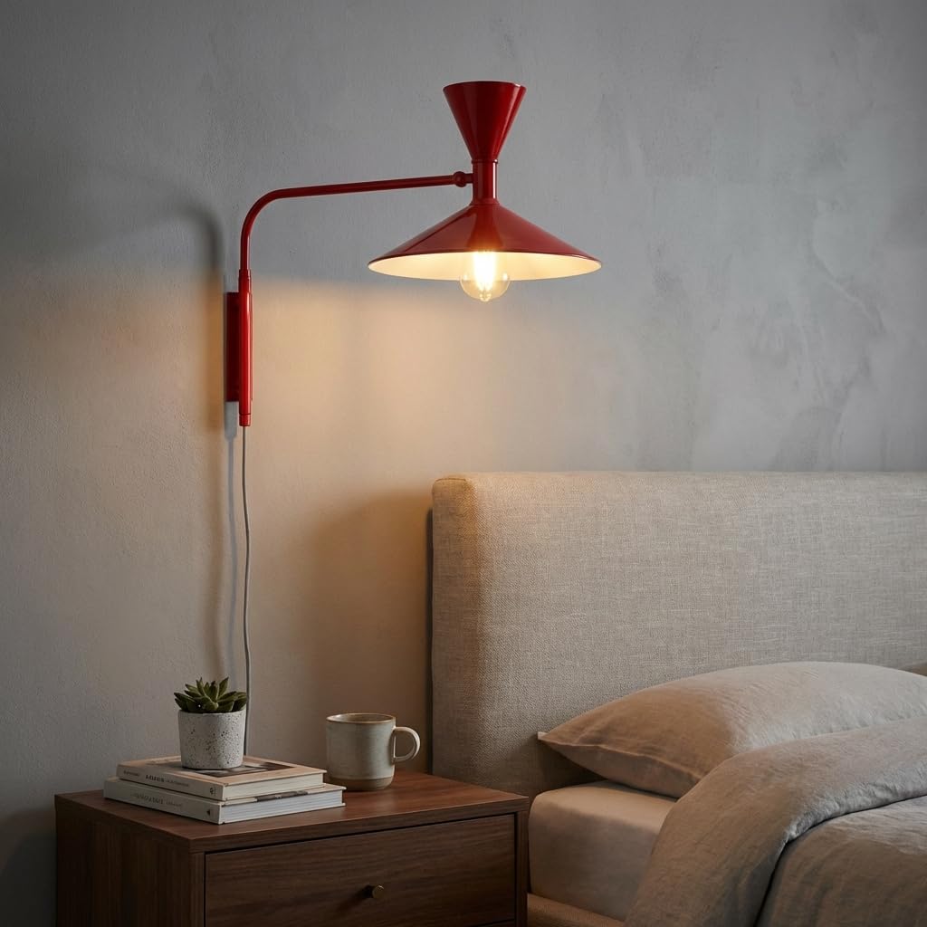 BARCELONA LED Lámpara de Pared Industrial Grande 40cm, Aplique de Pared con Brazo Articulado Retro y Moderno, Pantalla de Metal Rojo Interior Blanco para Restaurante, Escaleras y Dormitorio