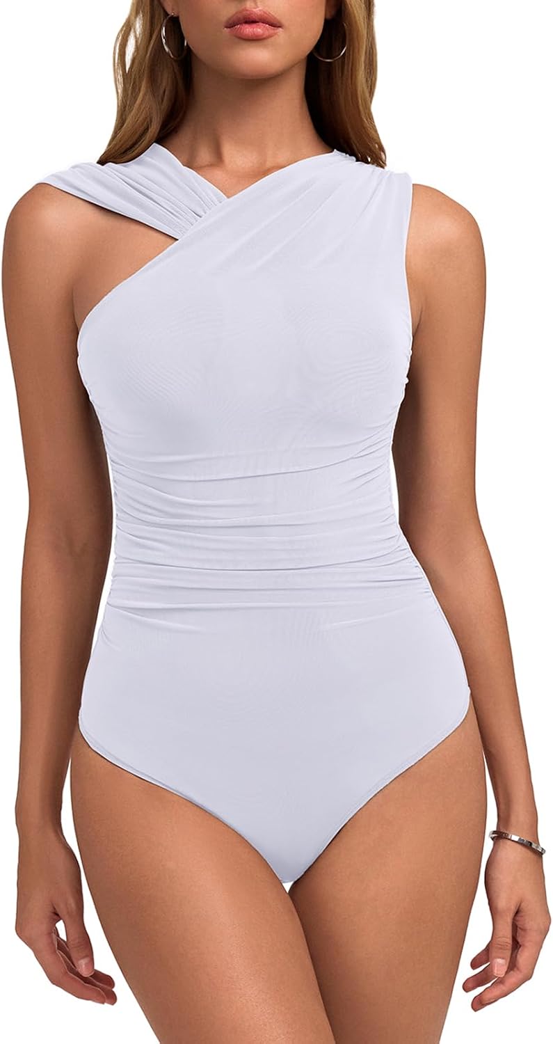 reoria womens sexy asymmetrical leopard print mesh ruched going out bodysuits tank tops large white