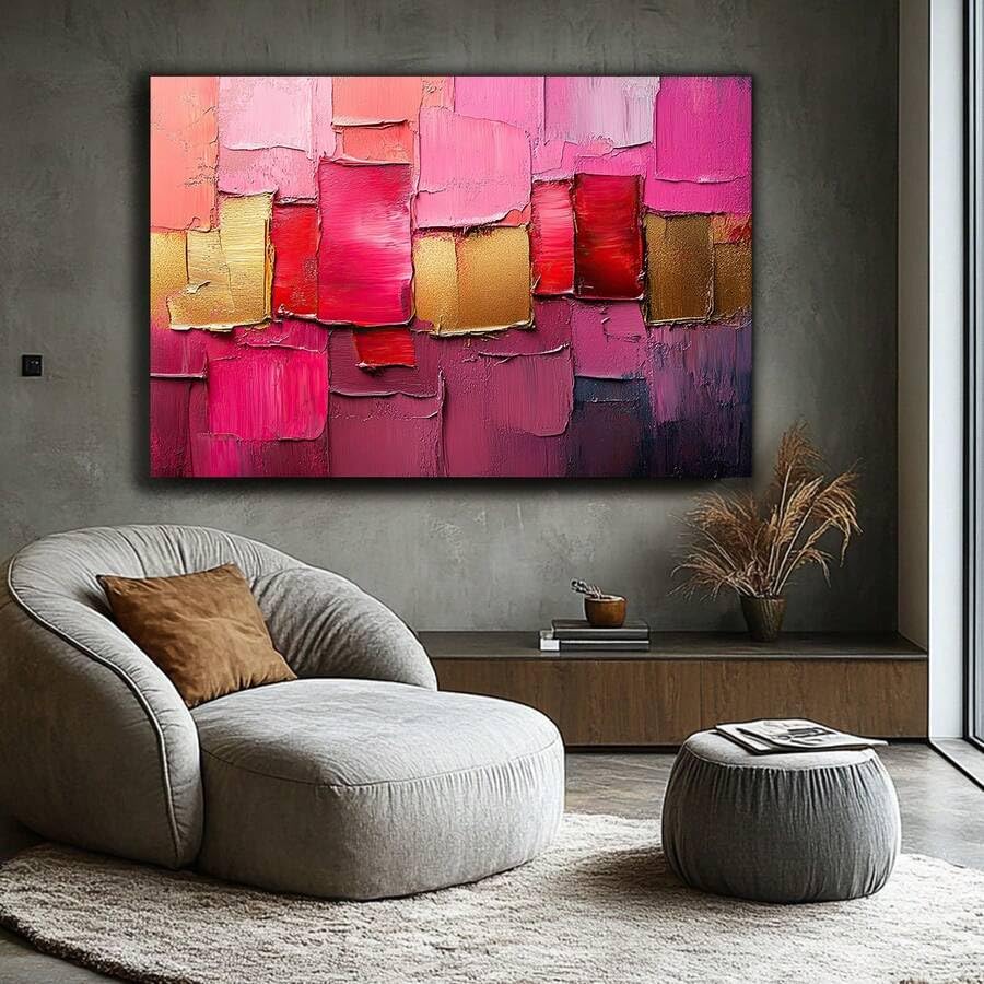 Tableau abstrait déco murale géométrique rouge rose doré 50x70cm