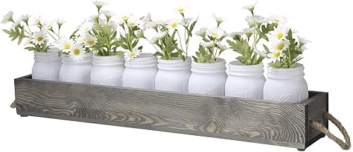 Miniatura 7 de MyGift Juego de 9 piezas de decoración de centro de mesa, incluye 8 pequeños jarrones blancos y caja de exhibición de madera maciza gris envejecida