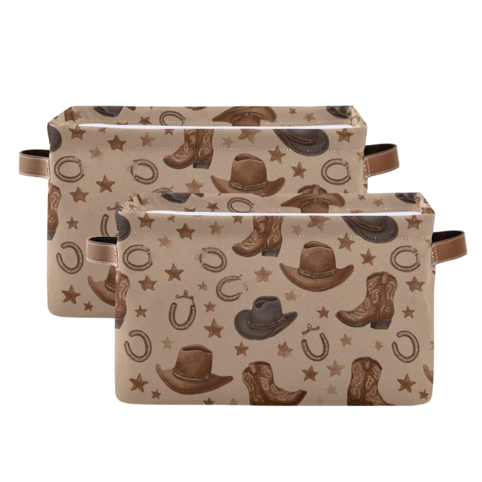 Aslsiy Toy Storage Basket Western Cowboy Cowgirl Nursery Bins Lucky Horse Shoe Baby Toys Box Canvas Clothes Shelf Basket Laundry Hamper 2 Pcs