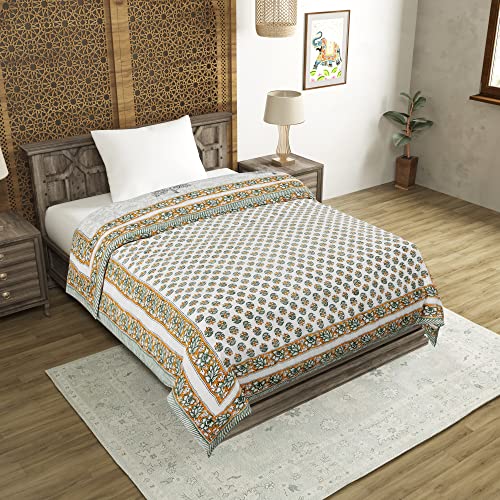 Image of BLOCKS OF INDIA Cotton Single Size Quilt Hand Block Print for Light Winters (60X90 Inches) (Green Yellow Tree), Lightweight, 300 TC