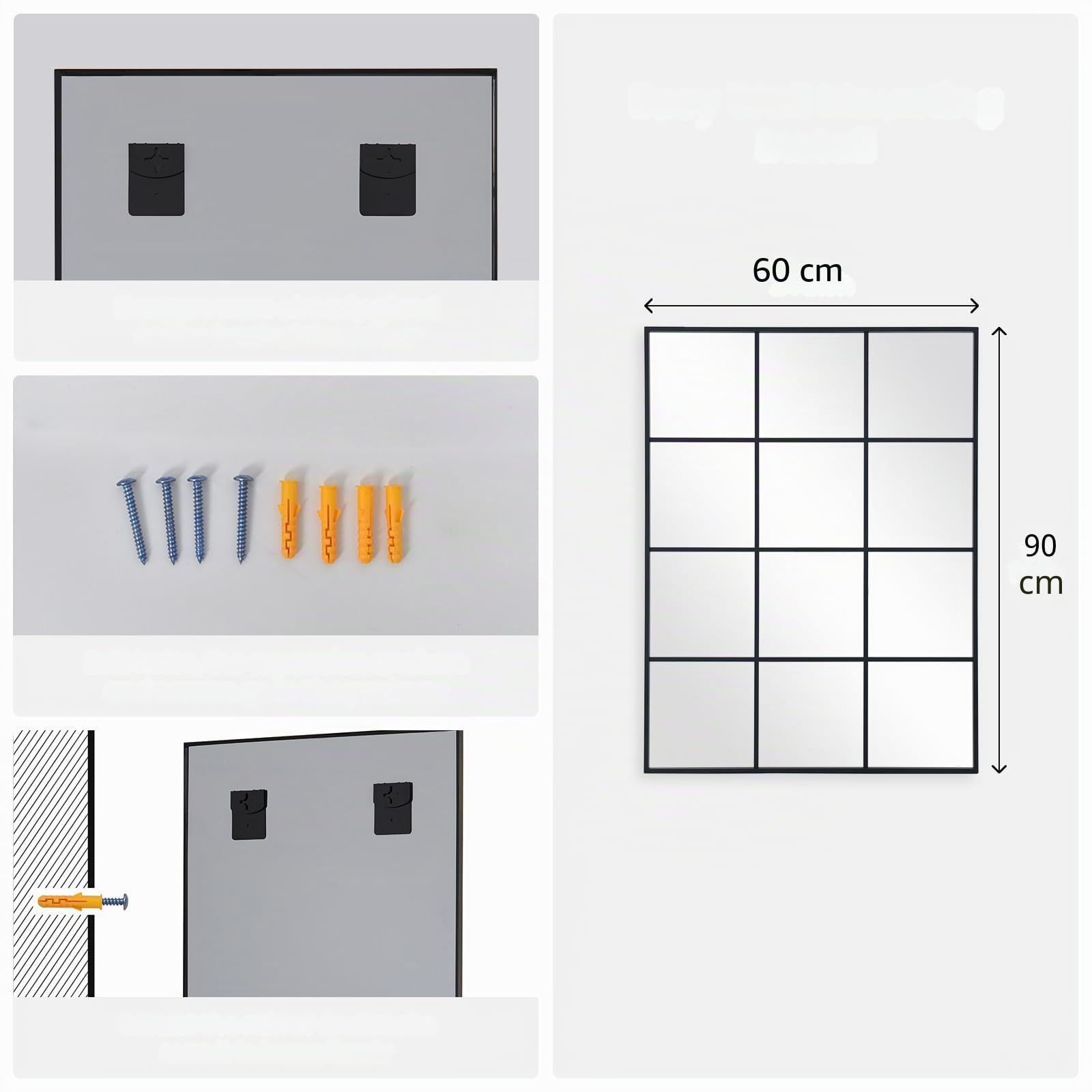 Espejo rectangular de 60x90 cm, espejo de ventana negro con marco de aluminio para colocar en la pared, espejo para decoración interior de sala de estar, pasillo, entrada, jardín al aire