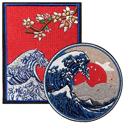 Ebateck Kanagawa Wave Patch Sew On Iron On Patches, 2 Pack Large Size, Embroidered Applique Badge Great for Jackets Backpacks Hats, Japanese Folk Art Gift