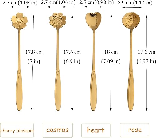 Miniatura 7 de 12 cucharas de flores de mango largo para café, postre para agitar, cucharaditas de hielo, oro, oro rosa, arco iris, cóctel, cucharas de acero