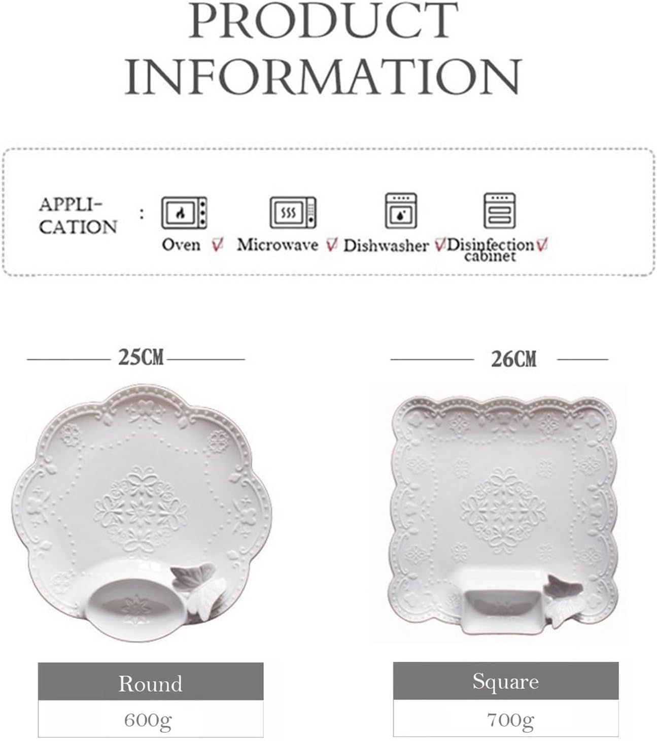 Japanese Sushi Plates, 10 inch Square/Round Ceramic Sushi Plate with Dipping Saucer, White Embossing Serving Plates, Fits Sushi, Dumpling, Snack, for Home and Kitchen (Color : Square, Size : 2Pcs)