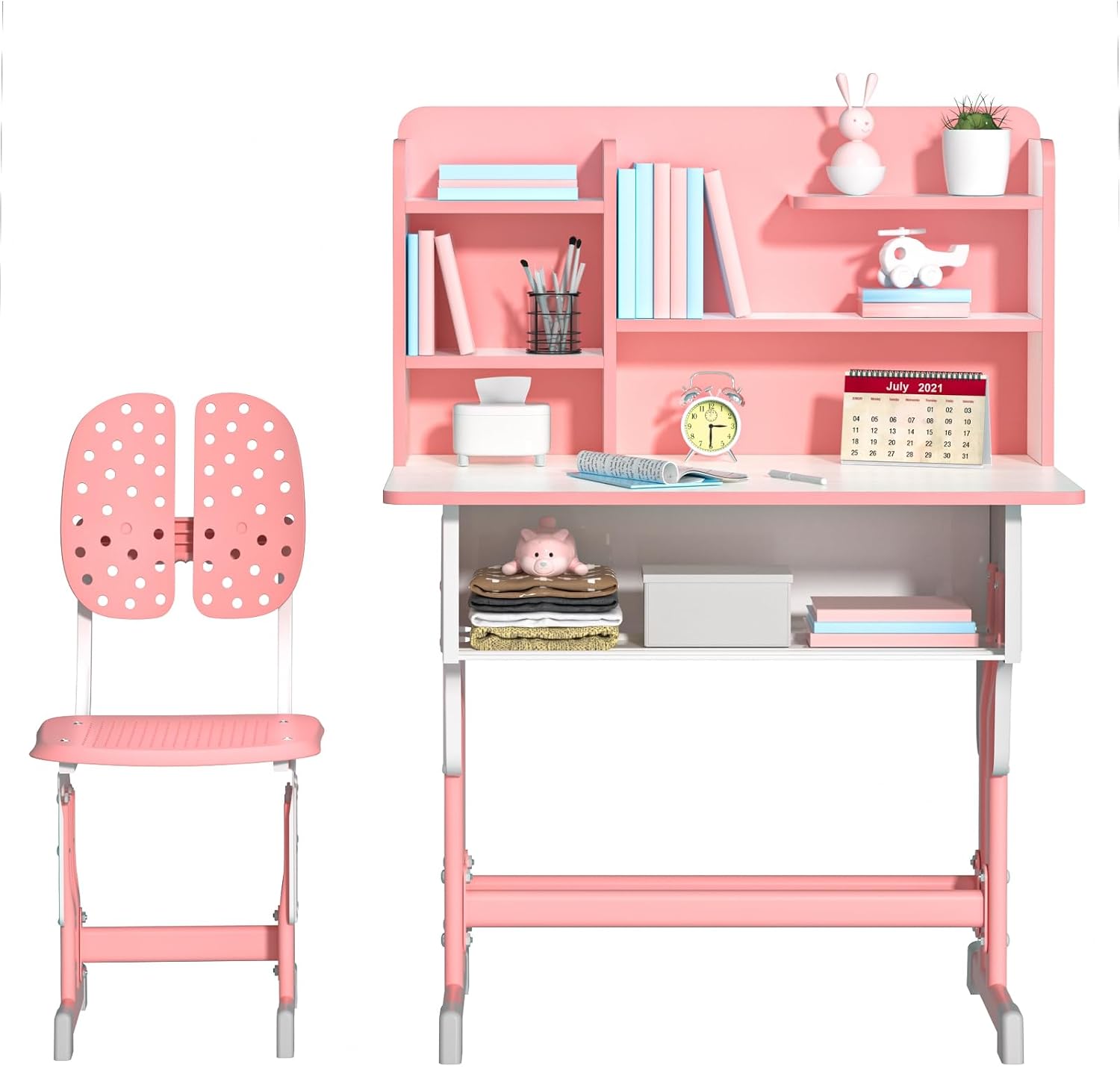 Kids Desk Chair Set, School Desk with Storage Drawer & Bookshelf, Study Table Chair Set Kids Bedroom Furniture, Child Desk and Chair Set with Six Partition Book Stand Pink