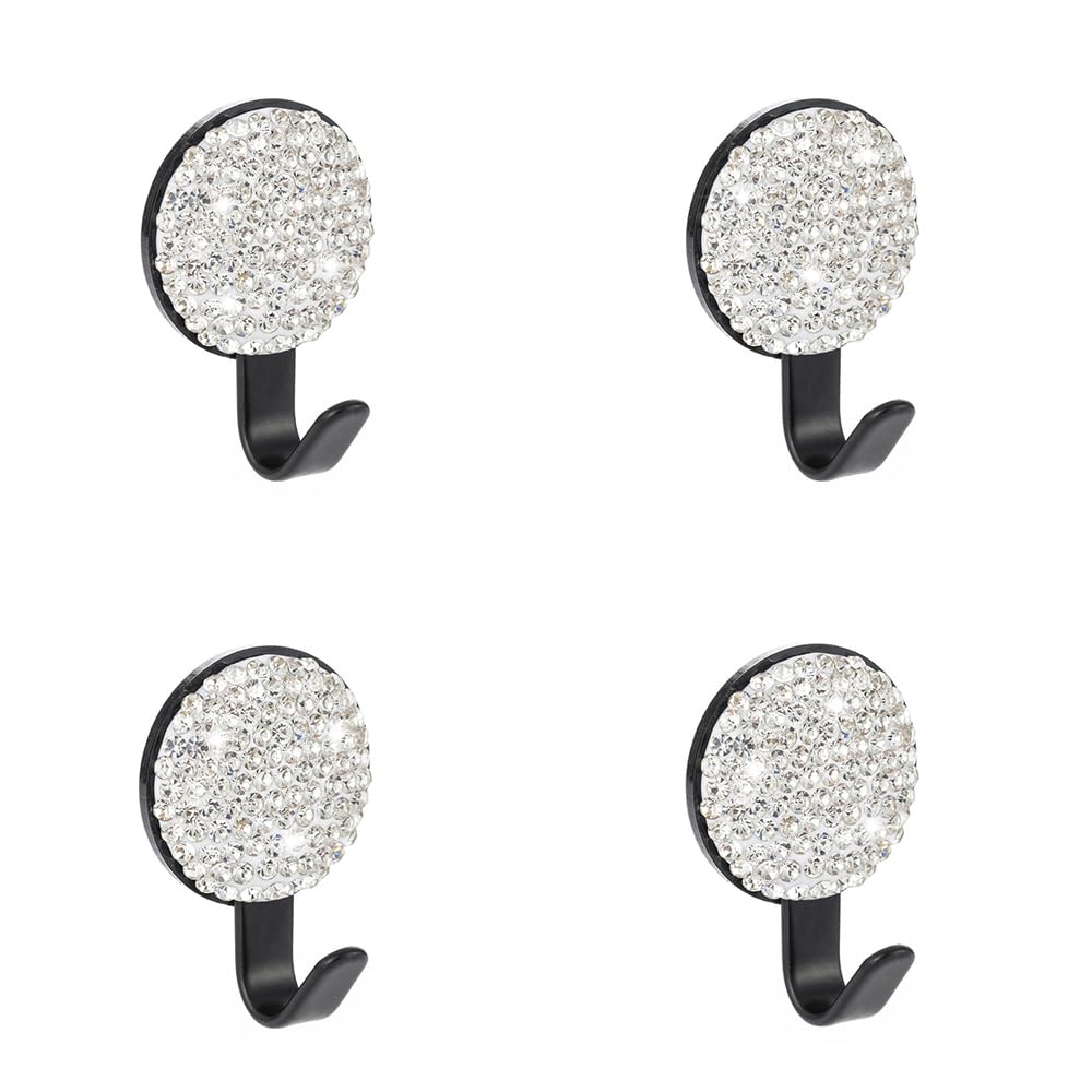 MINGZAIQIPEI Bling Hooks for Car Adhesive Hooks Dash,4 Pack Rhinestone Cute Car Mini Hooks for Mask Hanger Purse for Keys Mask Holder Sticky Hook for Car Bling Circular Hooks (White)