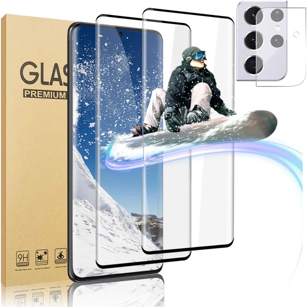 [2+1] Galaxy S21 Ultra Screen Protector Tempered Glass, with Camera Lens Protector Fingerprint Unlock Support 3D Curved Full Coverage HD Glass Film for Samsung Galaxy S21 Ultra 5G (6.8 Inch)