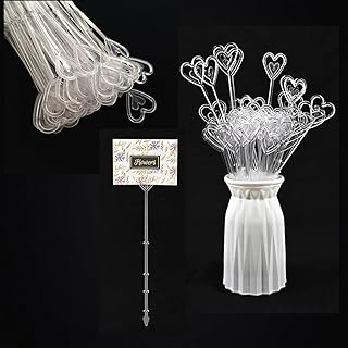 Plastic Floral Pick Card Holder, 100PCS Clear Heart Flower Card Holder Clips Stick, Photo Holder Pick for Weddings, Birthday Parties, Place Cards, Valentine's Day Decoration