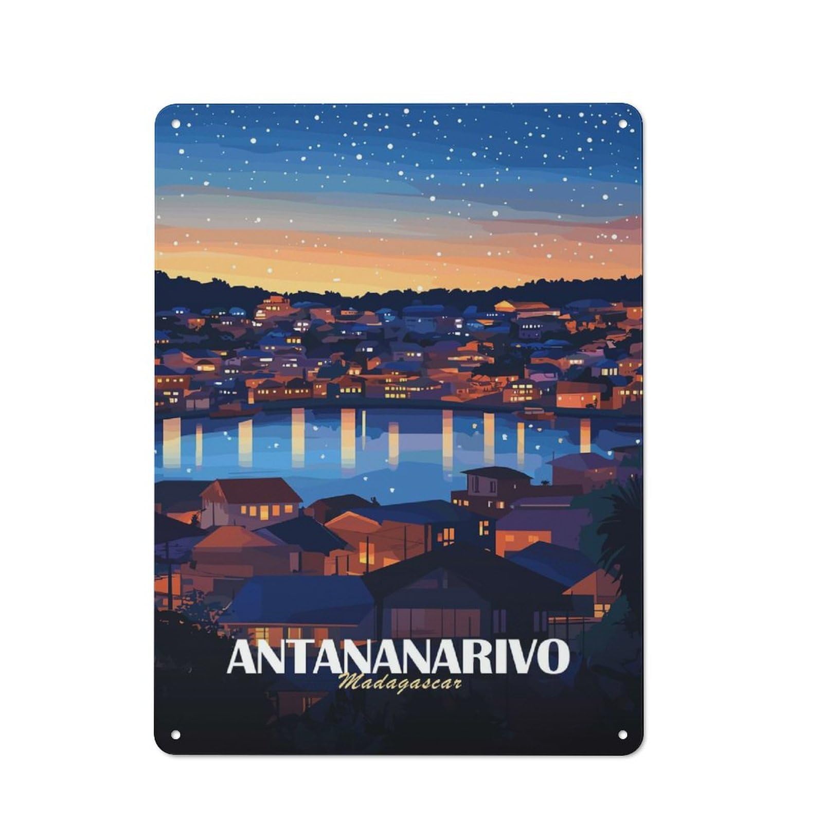 Metal Wall Sign 40x30cm Featuring Antananarivo, Madagascar at Night for Hallway Wall, for Vintage Wall Decor Fans, for Cafés, Pubs And Restaurants