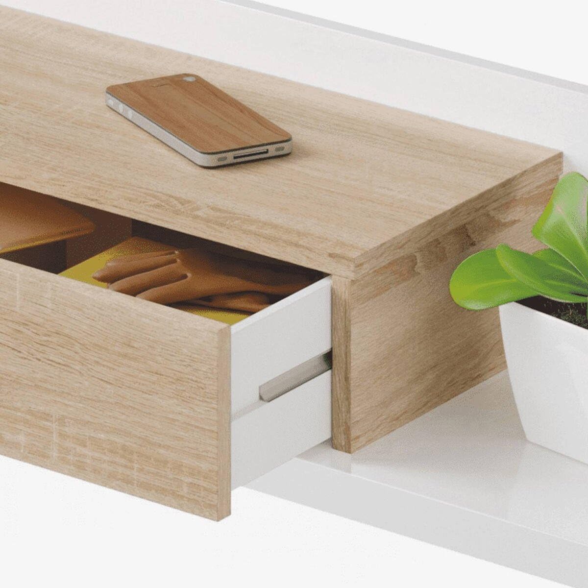 Dmora Mobile da Ingresso con cassetto e Specchio, Colore Noce e Bianco Lucido, cm 75 x 90 x 29