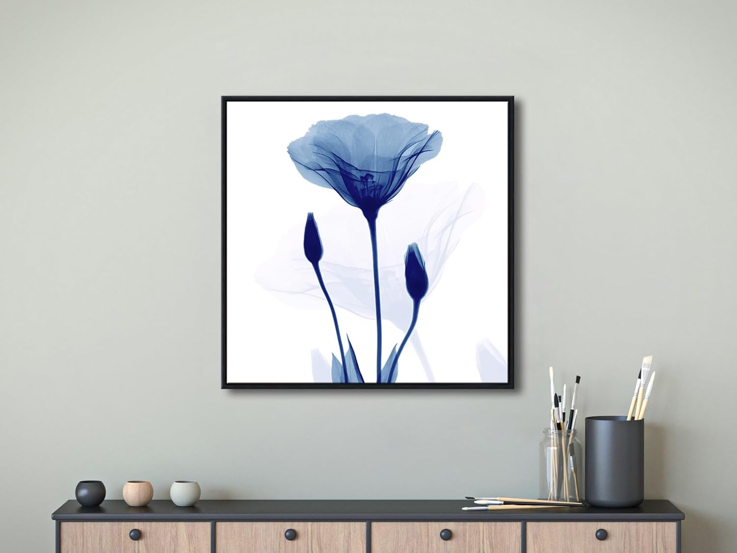 Pyradecor Large Black Framed Canvas Wall Art Abstract Blue Flickering Flower Modern Grace Floral Pictures Paintings Artwork for Bedroom Office Home Decorations
