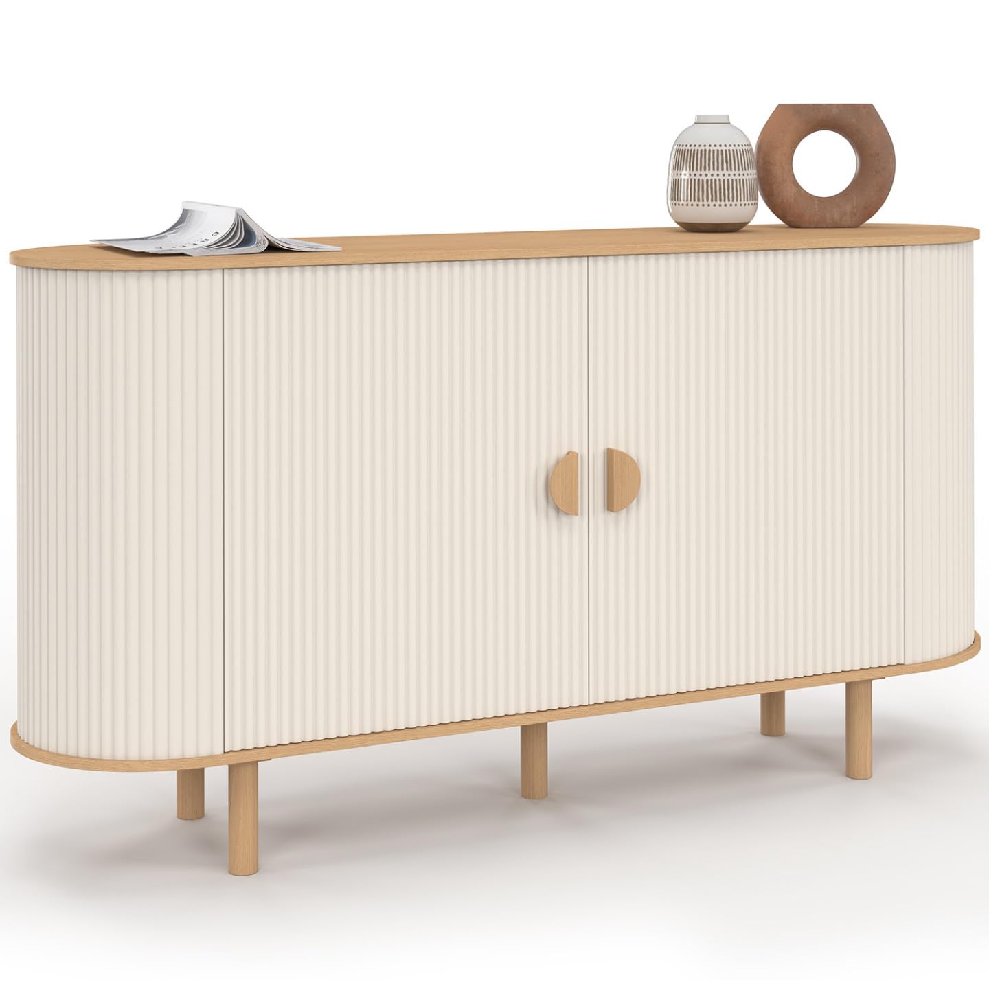IDMarket - Buffet 140 cm KANEL 2 Portes Effet cannelé Beige et Bois