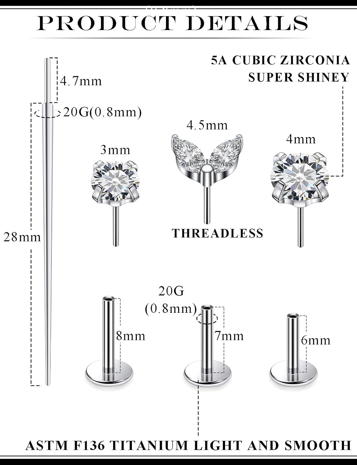 20G 18G 16G Astm F136 Titanium Threadless Flat Back Earrings Nose Studs Tragus Forward Helix Conch Cartilage Lobe Earrings Stud Medusa Labret Monroe Lip Ring Piercing Jewelry For Women Men - Image 2