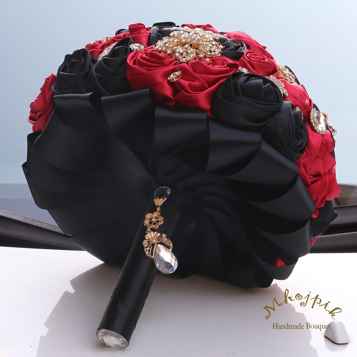 Handmade Wedding Flowers Bouquet Round Holding Bridal Bouquet Artificial Satin Roses Bunch for Bride Bridesmaid Wedding Quinceanera (Black & Burgundy, 8.7")