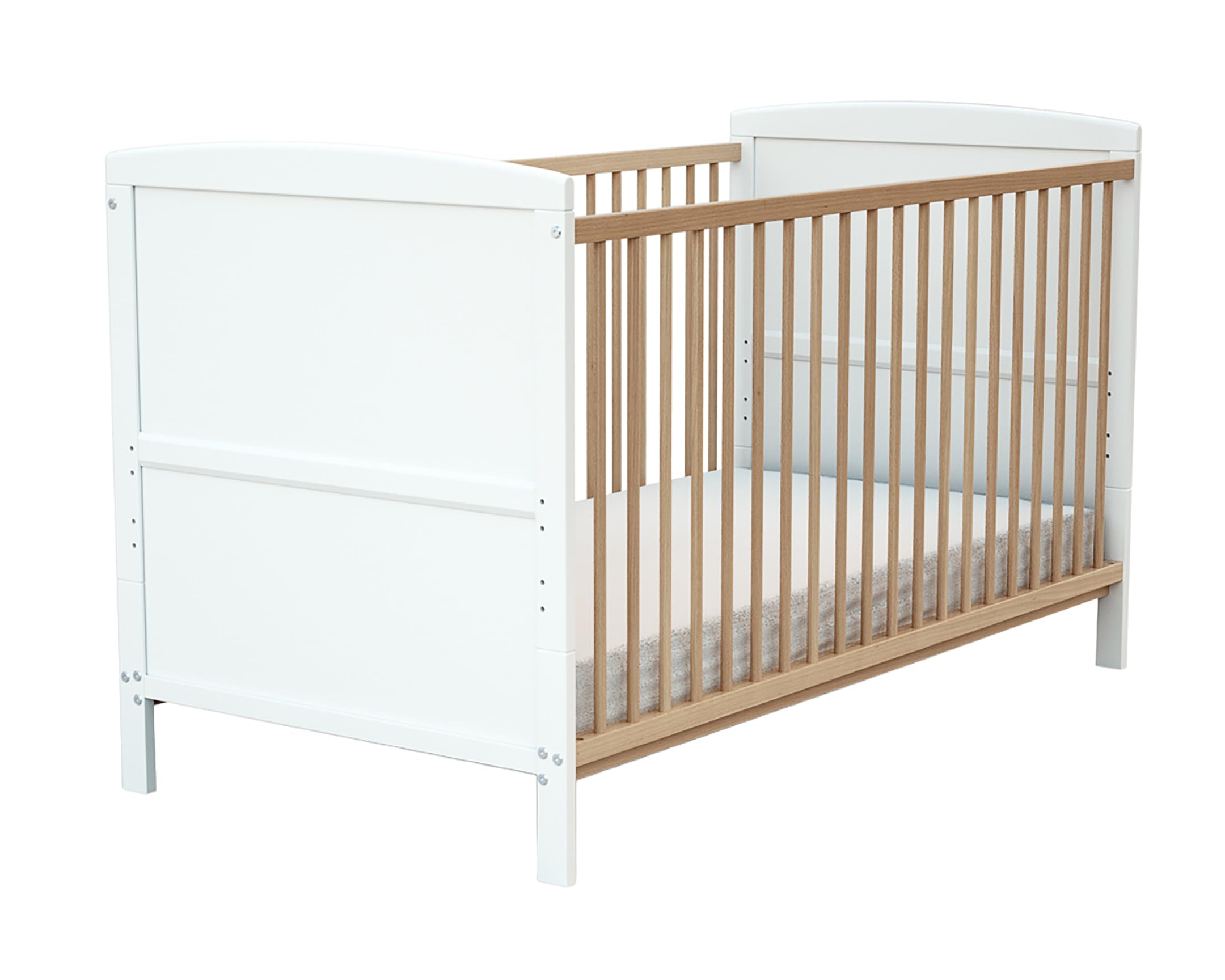 AT4 - Lit bébé évolutif en Bois 70 x 140 Essentiel Blanc et Hêtre Verni| 144 x 74 x 86,5 cm | Sommier à Lattes réglable 3 hauteurs | Transformable en lit Junior