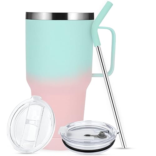 Sursip 30oz Insulated Mug/Tumbler With Lid and Straw,Stainless Steel Vacuum Tumbler,Keep Cold and Hot,BPA Free,Leak Proof,Dishwasher Safe,Car Holder,Gifts/Travel Mug/Coffee Tumbler(Pink&Green-1Pack)