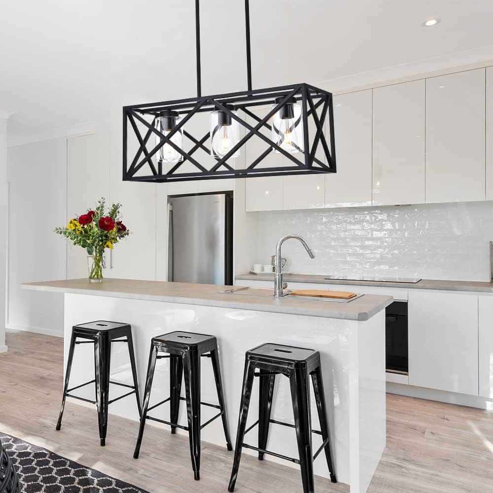 3-Lights Black Kitchen Island Pendant Lighting, Contemporary Dining Room Chandelier with Clear Glass Shades for Overtable Living Room