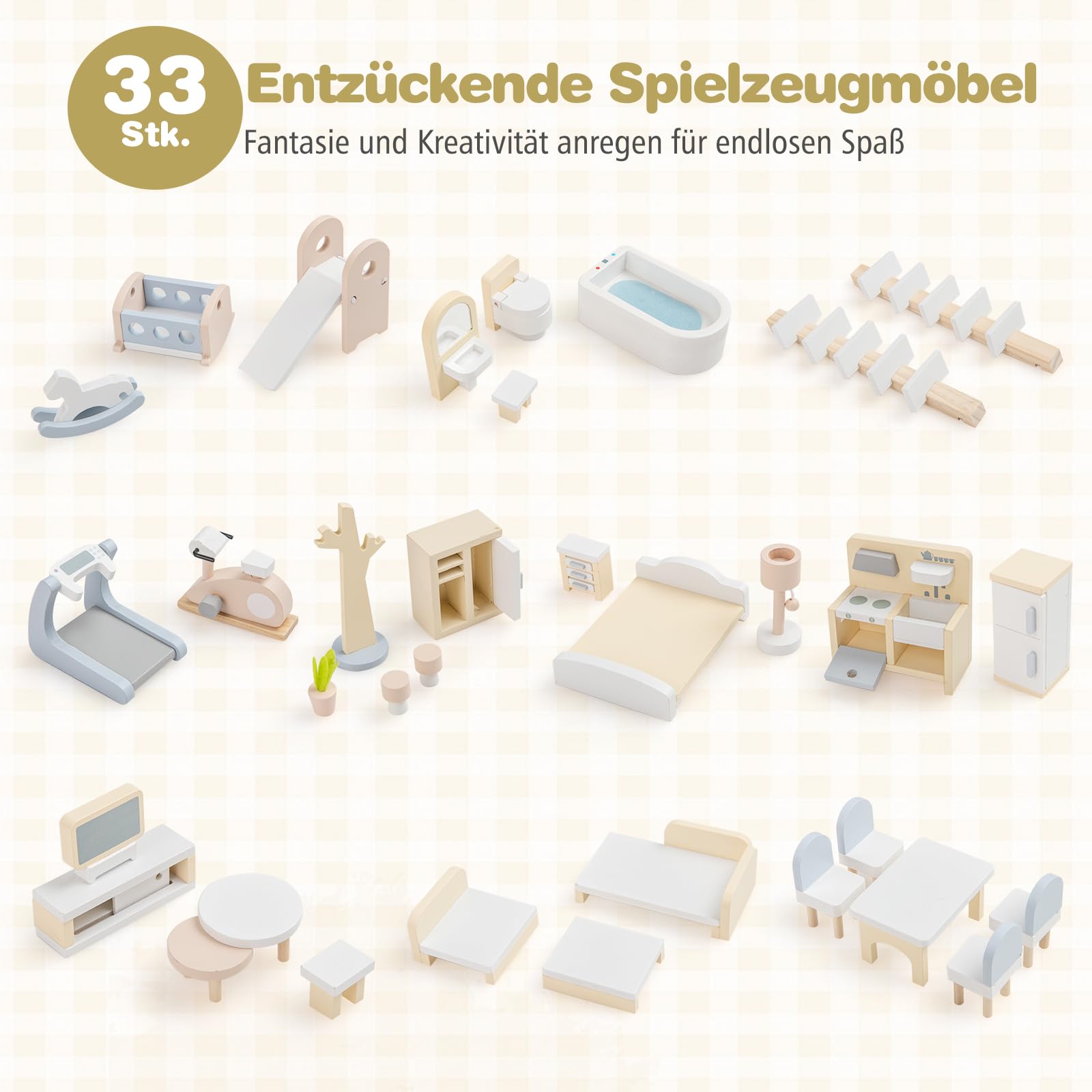 COSTWAY Puppenhaus Holz, Kinder Dollhouse mit 33 Möbelstücken, Puppenstube mit Balkon & Pool, Puppenvilla Traumvilla für Mädchen & Jungen ab 2 Jahren (Grün)