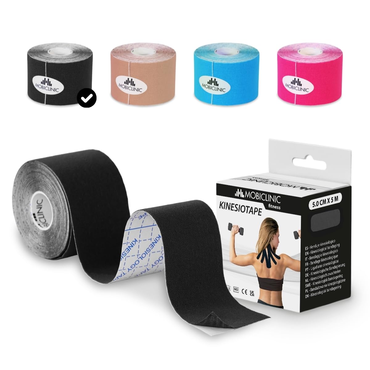 Mobiclinic®, Kinesiology Tape 5m Roll, Waterproof Elastic Muscle Support Tape for Exercise, Neurological Adhesive Tape, Elastic Therapeutic Sports Tape, Kinesiological Bandage, Face Tape, Black