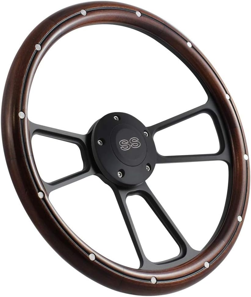 14" Dark Mahogany Wood Steering Wheel w/Black"SS" Horn for Any Chevy Car or Truck