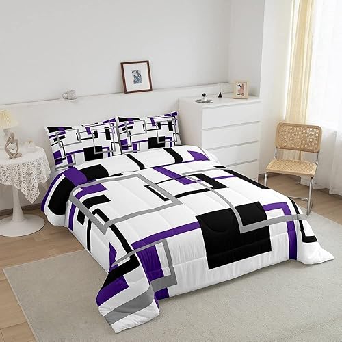 Miniatura 2 de Erosebridal Juego de ropa de cama cuadrada para niños y niñas, color morado, gris, negro, juego de edredón geométrico, edredón de plumón con patrón
