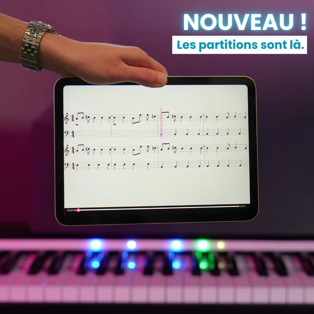 Plus Bande LED pour Apprendre le Piano sans Solfège (piano non inclus) - Application WiFi iOS Android avec 50 Morceaux Inclus - Compatible Claviers Numériques 61/76/88 Touches - Blanc