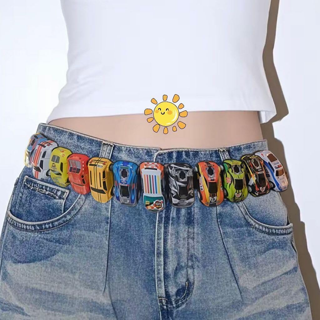 Y2K Car Belt for Men & Women – 16 Movable Rear-Pull Toy Cars – Nylon Strap (120cm/47) – Metal-Free Buckle – Dopamine Streetwear Accessory