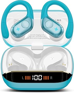 Qecnato Wireless Earbuds Bluetooth 5.4 Headphones 75H Stereo Deep Bass Sports Over Ear Buds with Earhooks, LED Display Bluetooth Earbuds with 4 ENC Mic, IP7 Waterproof Earphone for Running, Blue